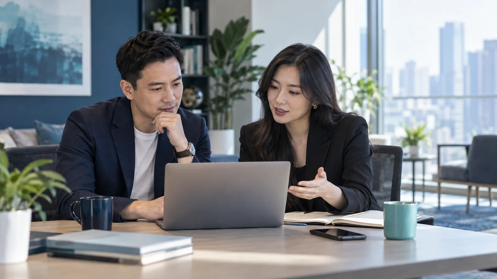 Hai nhân viên bàn cách chọn chiến dịch Search hoặc Performance Max trên máy tính