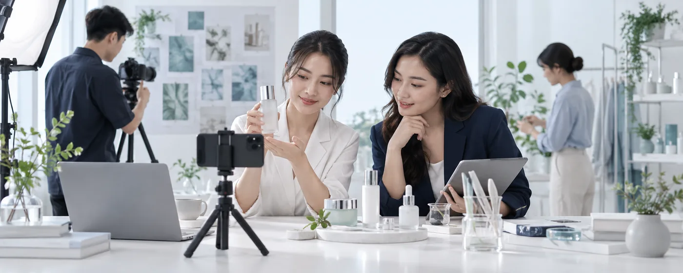 Đội ngũ mỹ phẩm sản xuất video giới thiệu sản phẩm cho chiến dịch quảng cáo