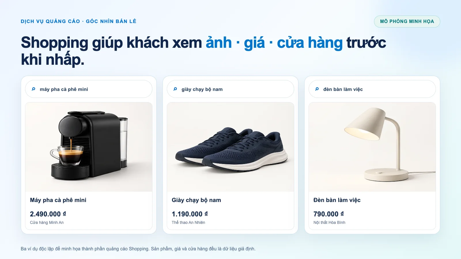 Mô phỏng thẻ Shopping với ảnh sản phẩm, giá và tên cửa hàng