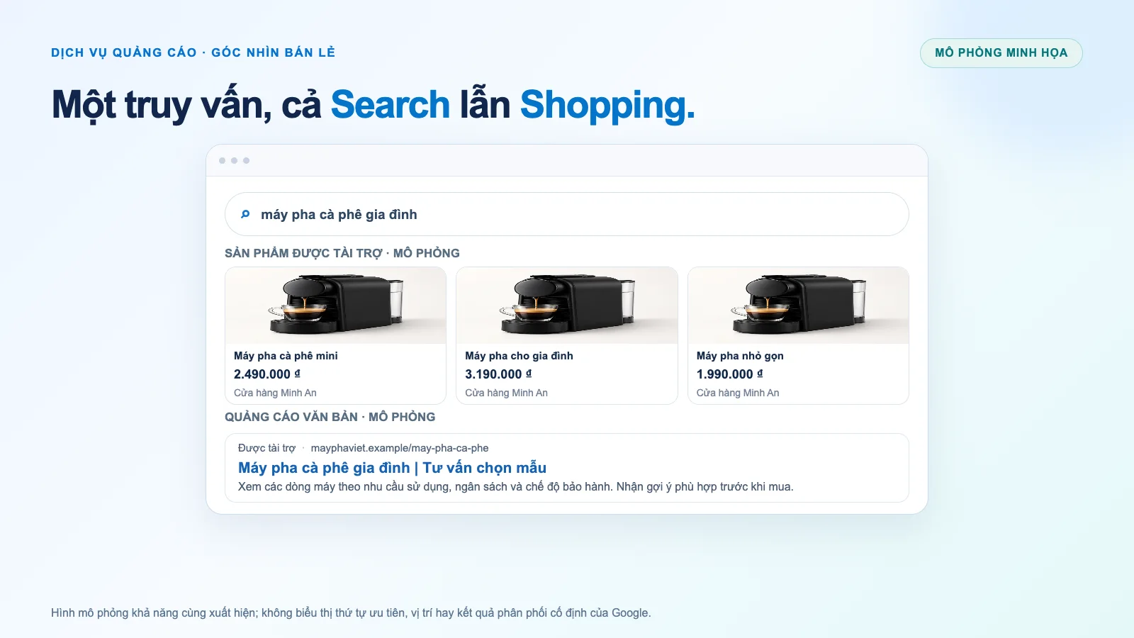 Mô phỏng Search và Shopping cùng xuất hiện cho một truy vấn mua hàng