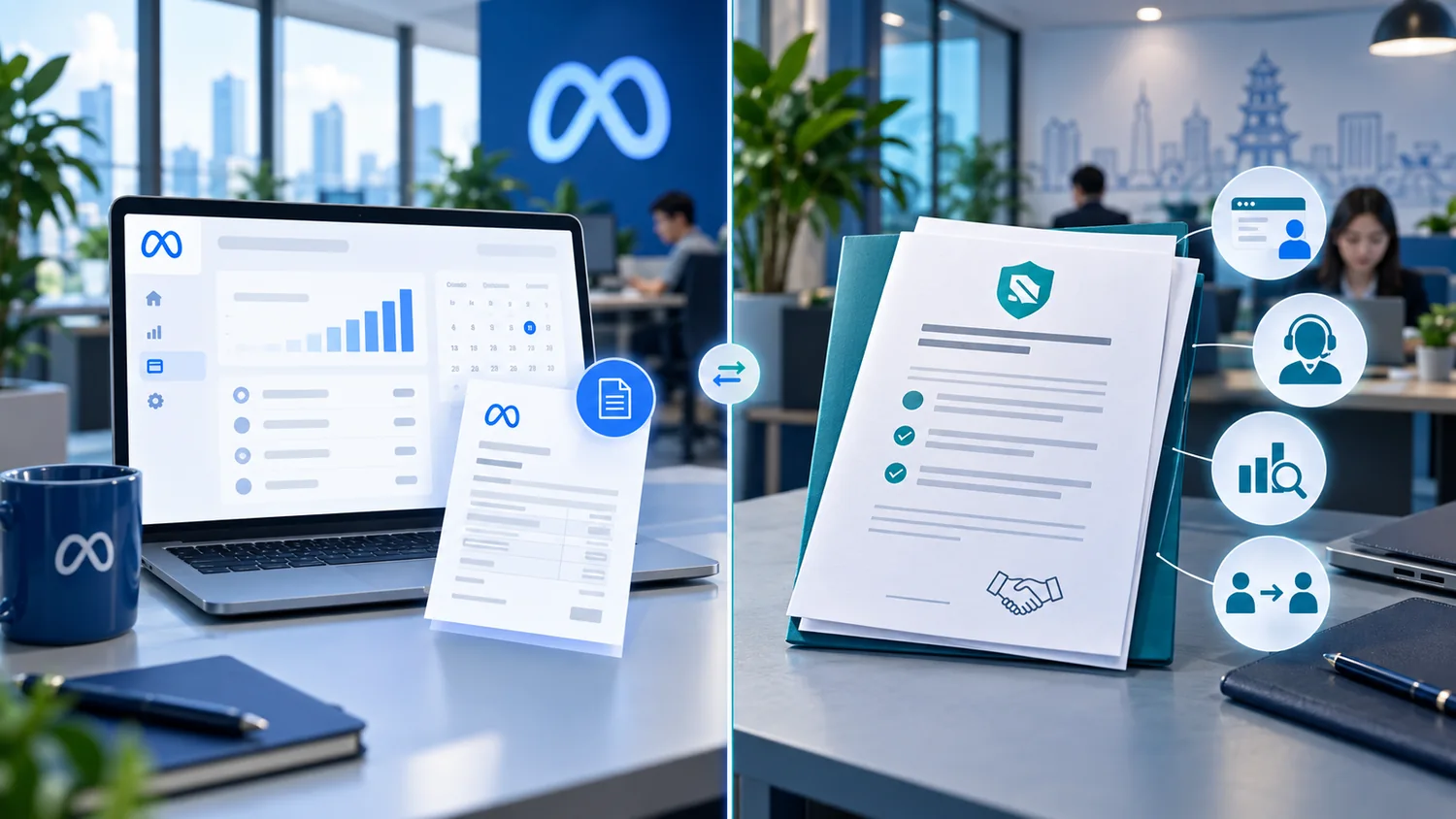 Minh họa phân biệt cơ chế Meta Monthly Invoicing và phạm vi dịch vụ thuê tài khoản quảng cáo