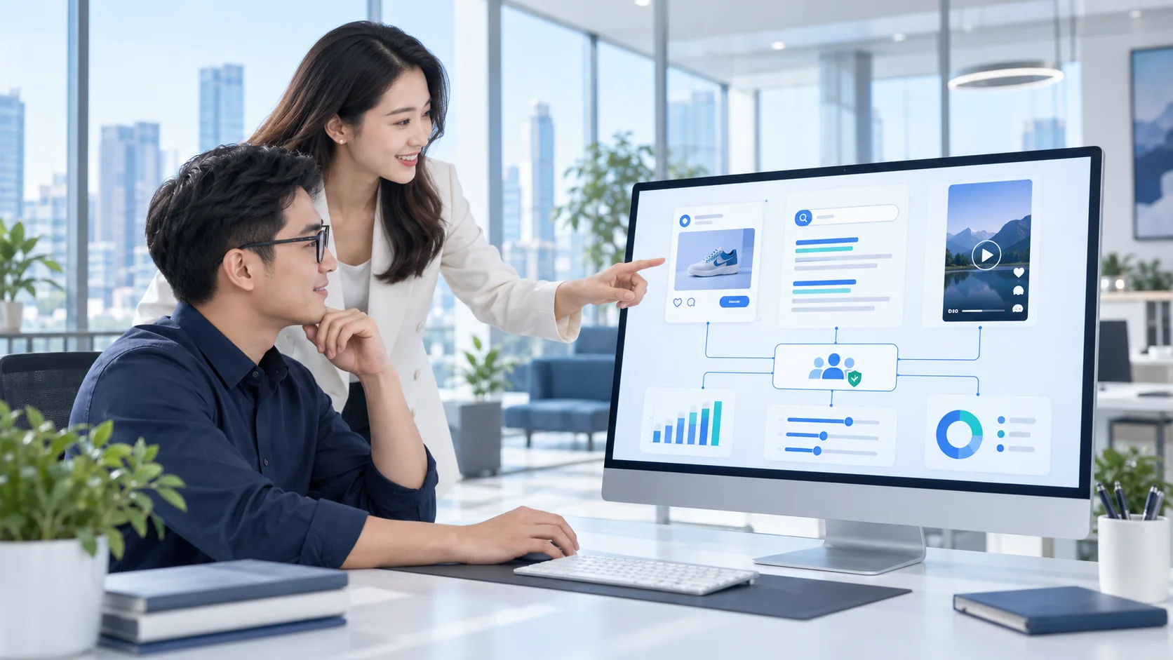 Đội marketing xem mô phỏng quảng cáo Facebook, Google và TikTok cùng sơ đồ phân quyền, ngân sách