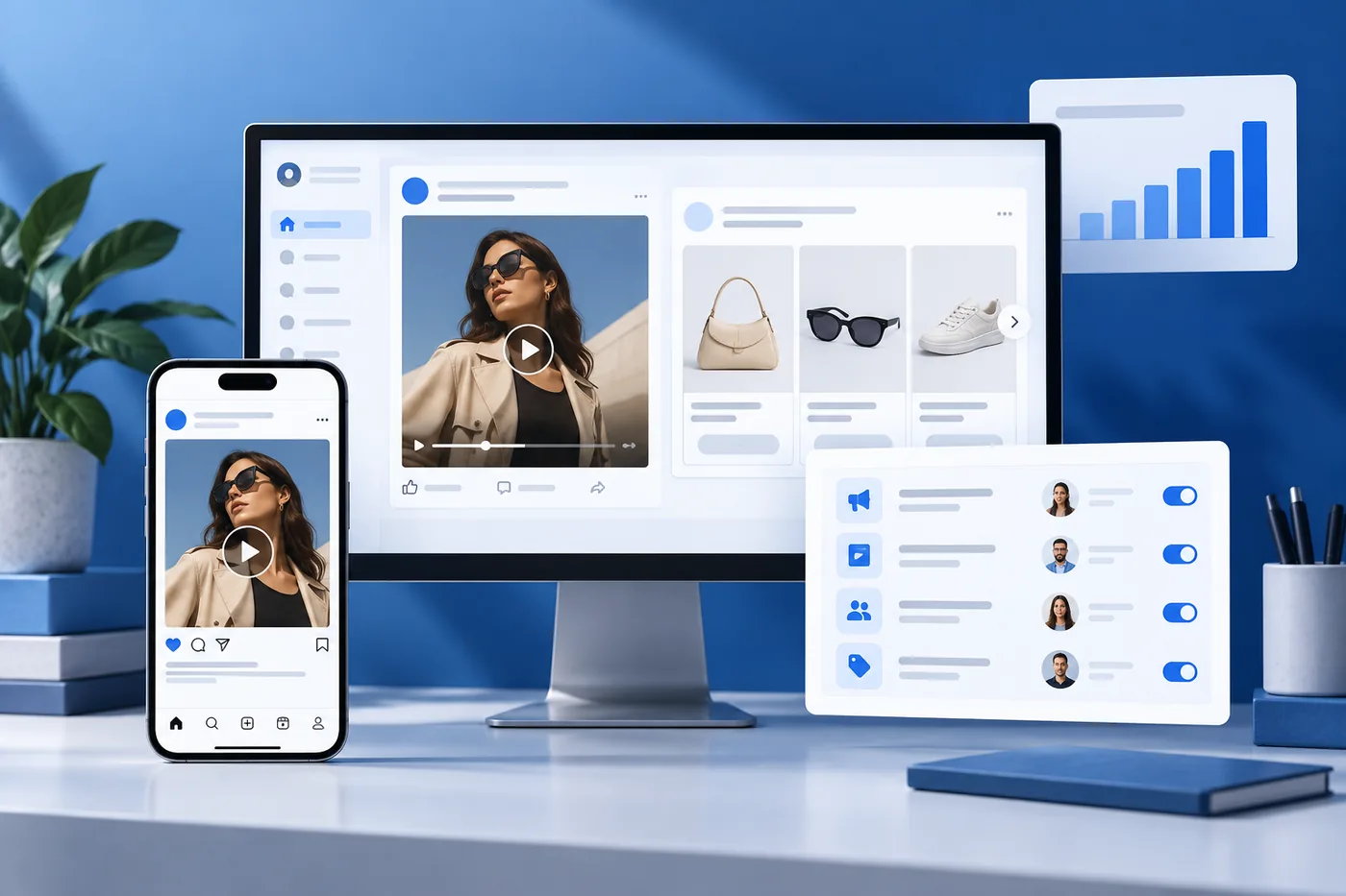 Mô phỏng quảng cáo dạng feed và carousel cùng bảng quyền tài sản Meta