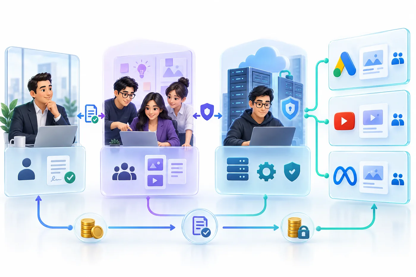 Sơ đồ minh họa luồng phê duyệt và quyền giữa khách cuối, agency, đội hạ tầng và nền tảng