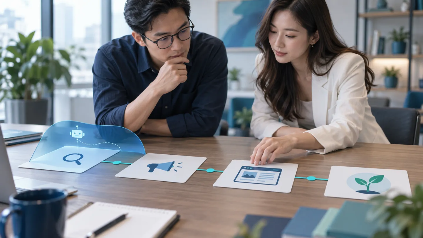 Hai người rà mối liên hệ giữa nhu cầu tìm kiếm, quảng cáo, trang đích và kết quả kinh doanh