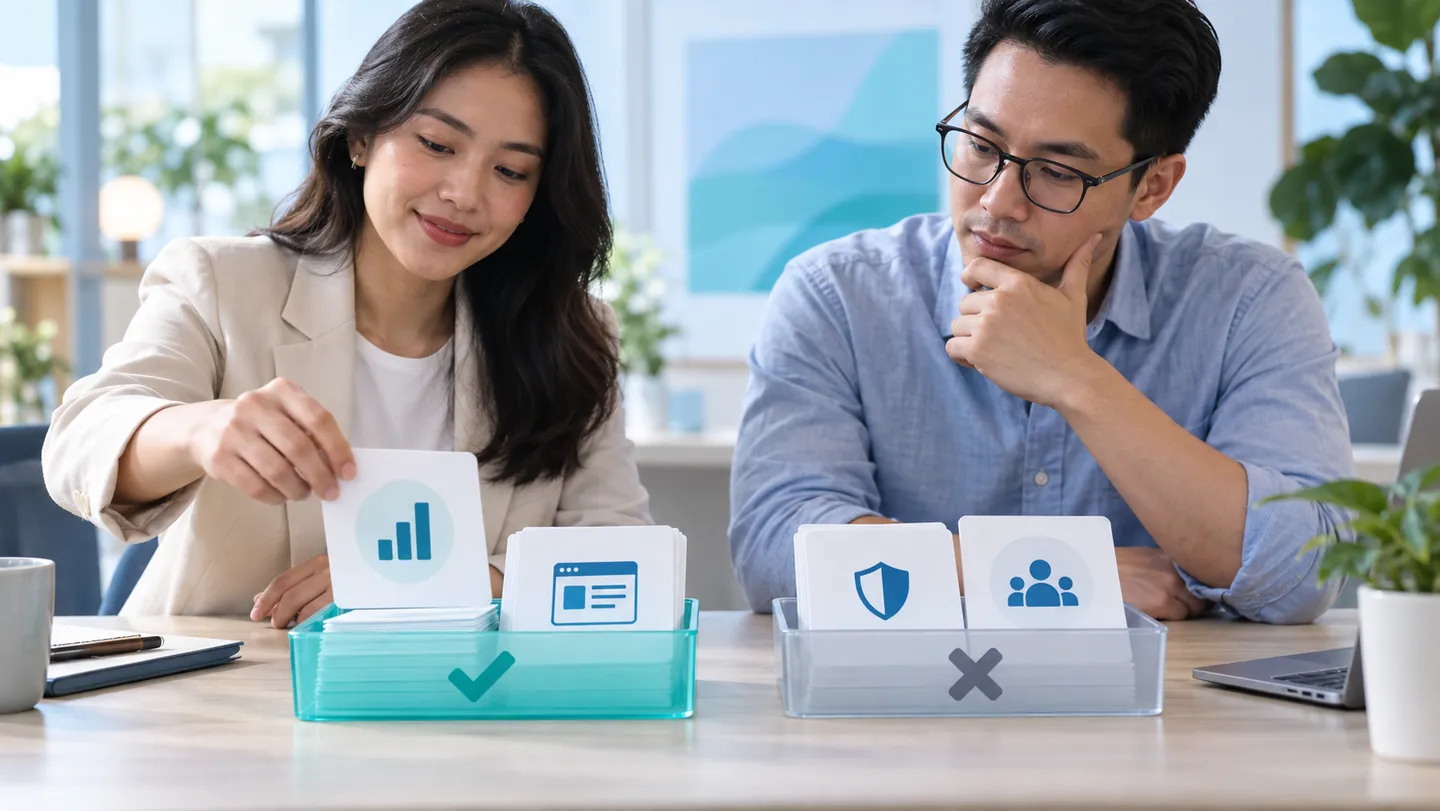 Hai người chia tài liệu chiến dịch thành phần sẵn sàng thử và phần cần kiểm tra thêm