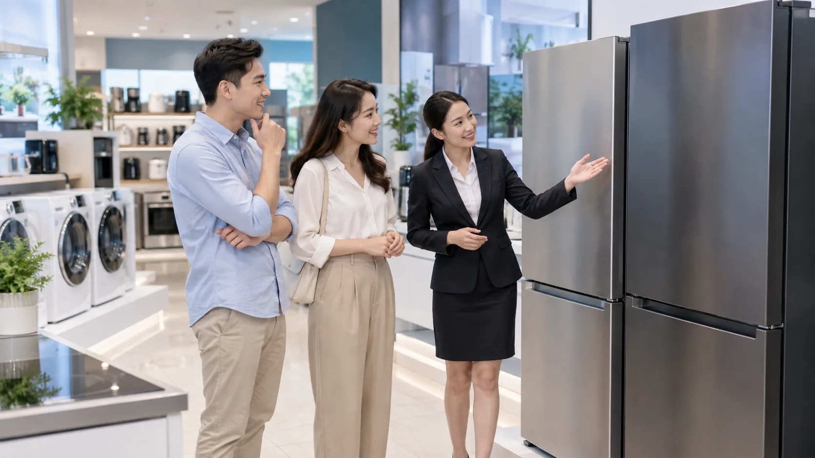 Khách hàng chọn tủ lạnh tại cửa hàng điện máy cùng tư vấn viên