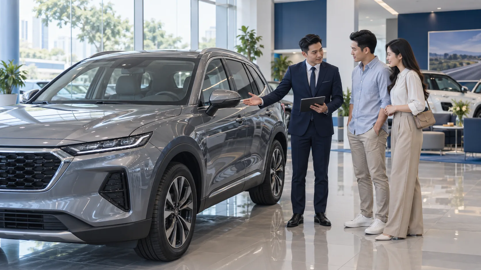 Khách hàng trao đổi về mẫu xe tại showroom ô tô