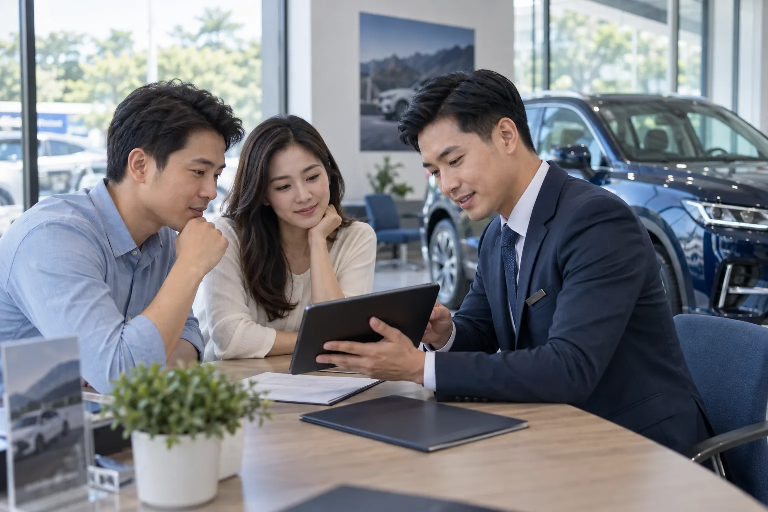 Tư vấn viên xác nhận lịch lái thử với khách tại showroom ô tô