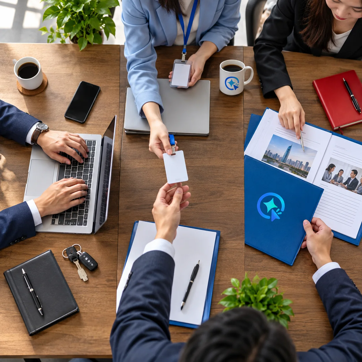 Ba nhóm đại diện doanh nghiệp và agency trao đổi quyền vận hành tài khoản trên bàn làm việc