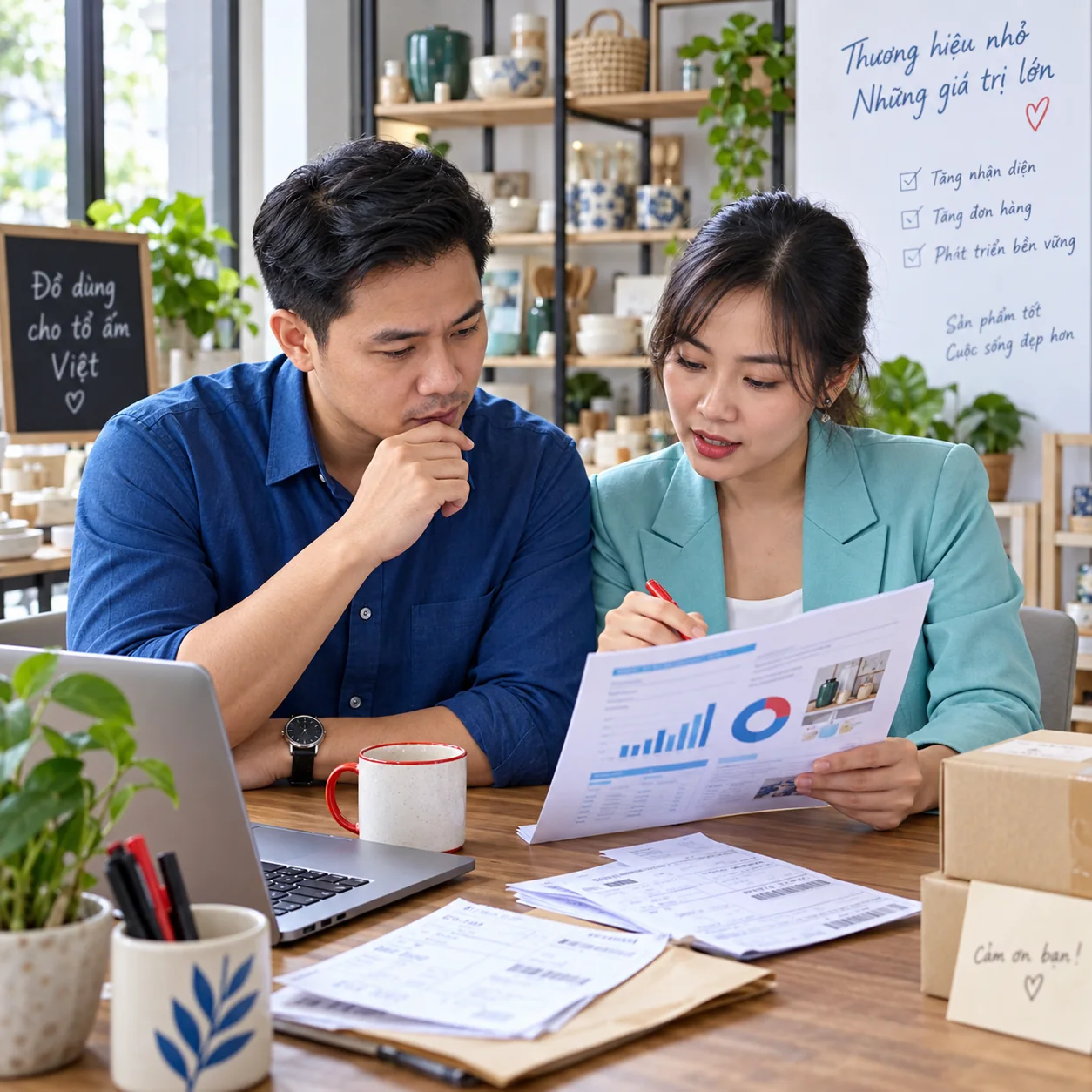 Chủ doanh nghiệp và phụ trách marketing xem báo cáo cùng chứng từ đơn hàng