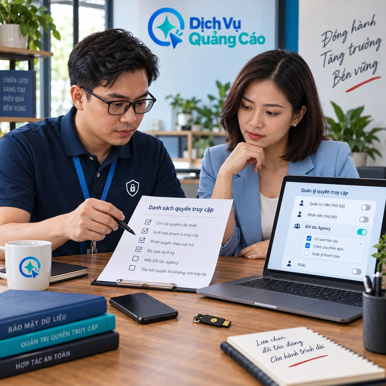 Hai nhân viên rà checklist quyền truy cập trước khi mời agency vào tài sản quảng cáo