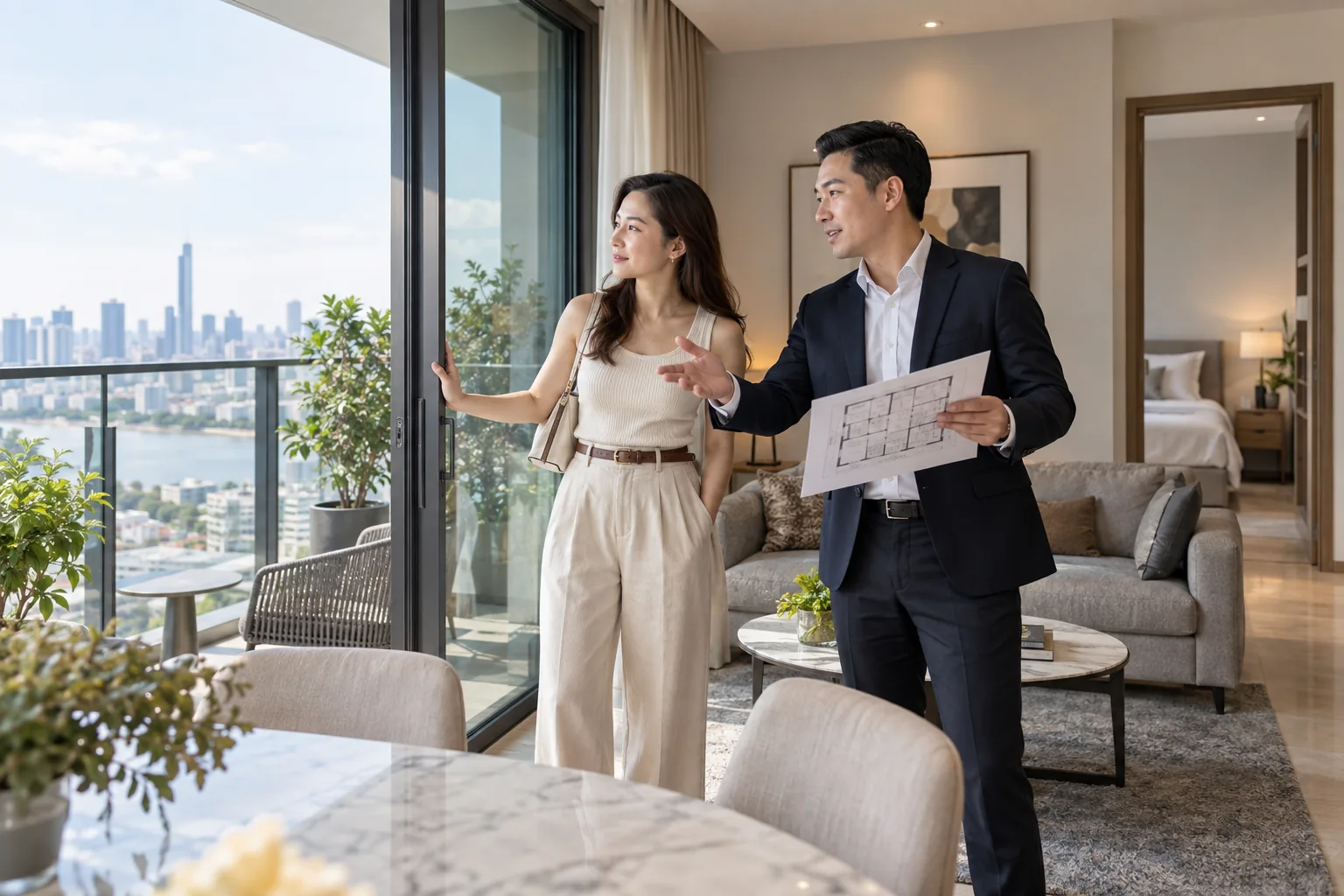 Người mua trưởng thành tham quan căn hộ mẫu cùng tư vấn viên, ảnh minh họa định dạng hình ảnh Google