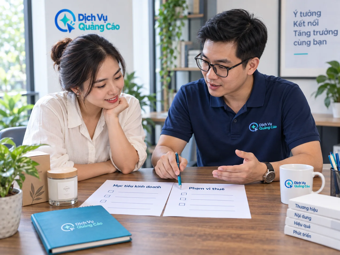 Chủ doanh nghiệp và tư vấn viên đối chiếu mục tiêu kinh doanh với phạm vi thuê
