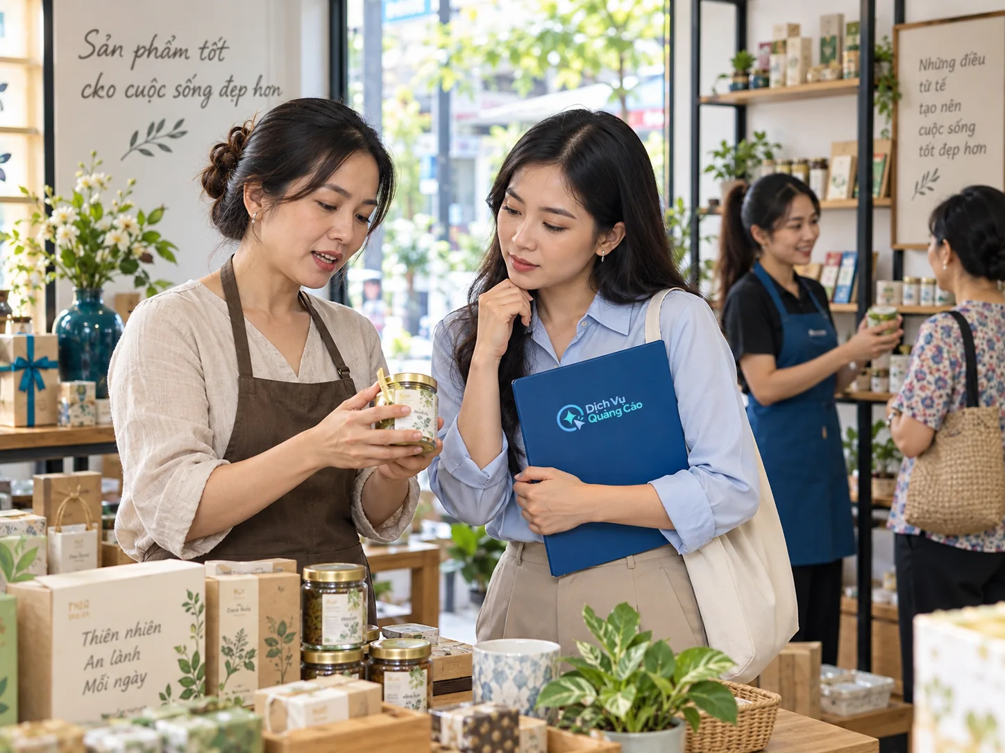 Tư vấn viên tìm hiểu sản phẩm và khách hàng tại điểm bán