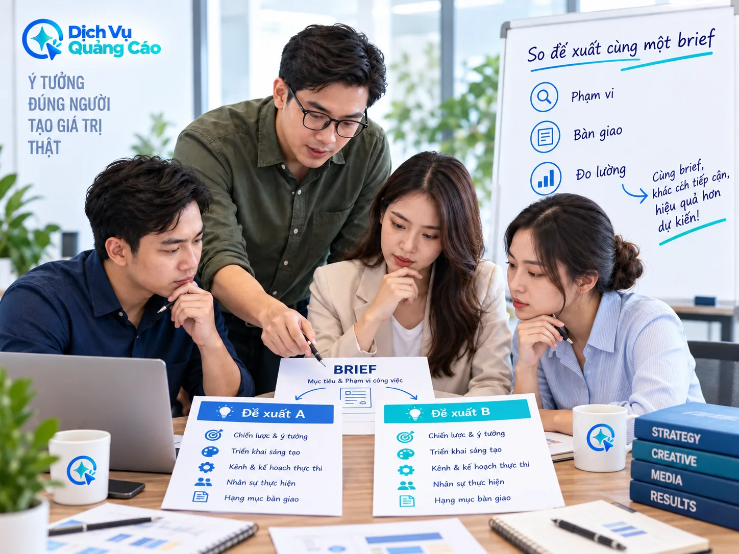 Nhóm doanh nghiệp so hai đề xuất quảng cáo theo cùng một brief