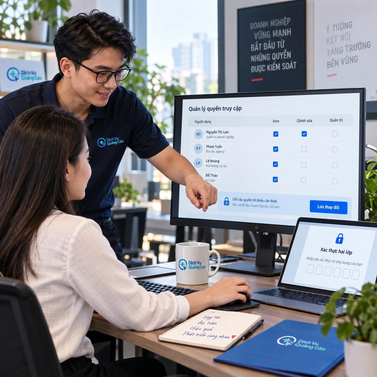 Nhân viên rà bảng quyền thao tác và xác thực hai lớp trước khi cấp cho agency