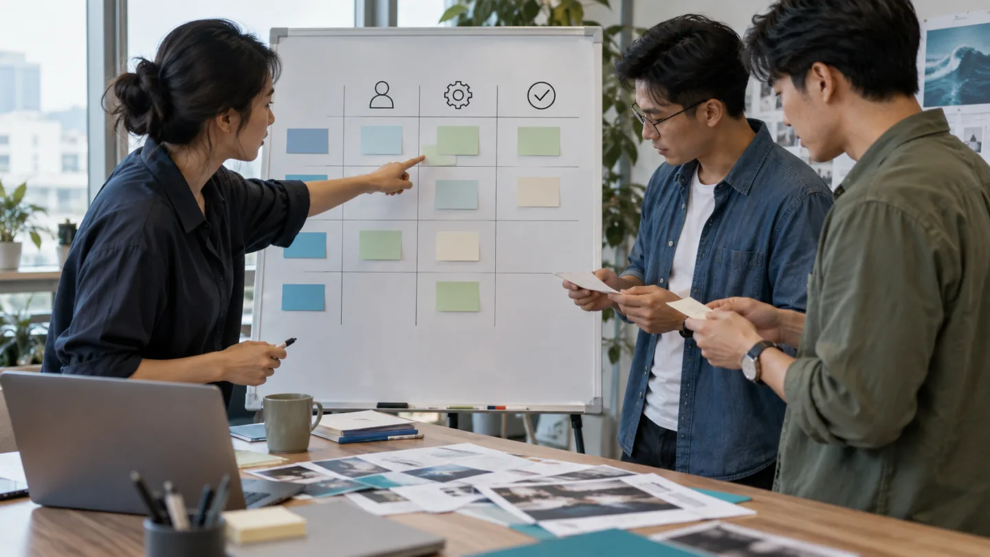 Nhóm làm việc đối chiếu bảng phân vai và người phê duyệt