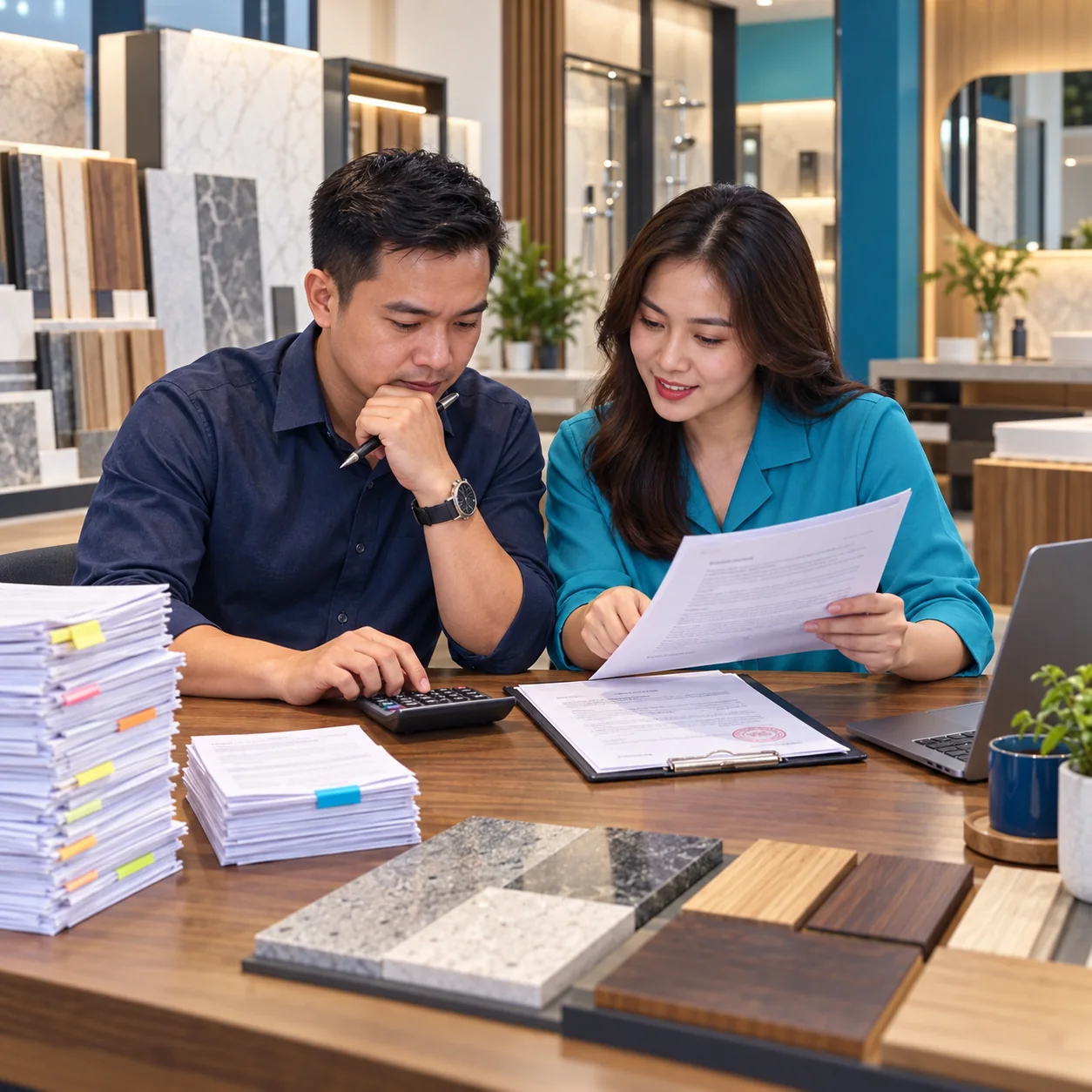 Chủ showroom dùng hợp đồng và các tập yêu cầu khách để tính mức chi hợp lý