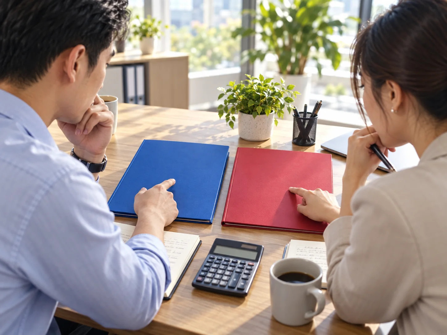 Hai người so sánh hai hồ sơ báo giá quảng cáo trên bàn làm việc