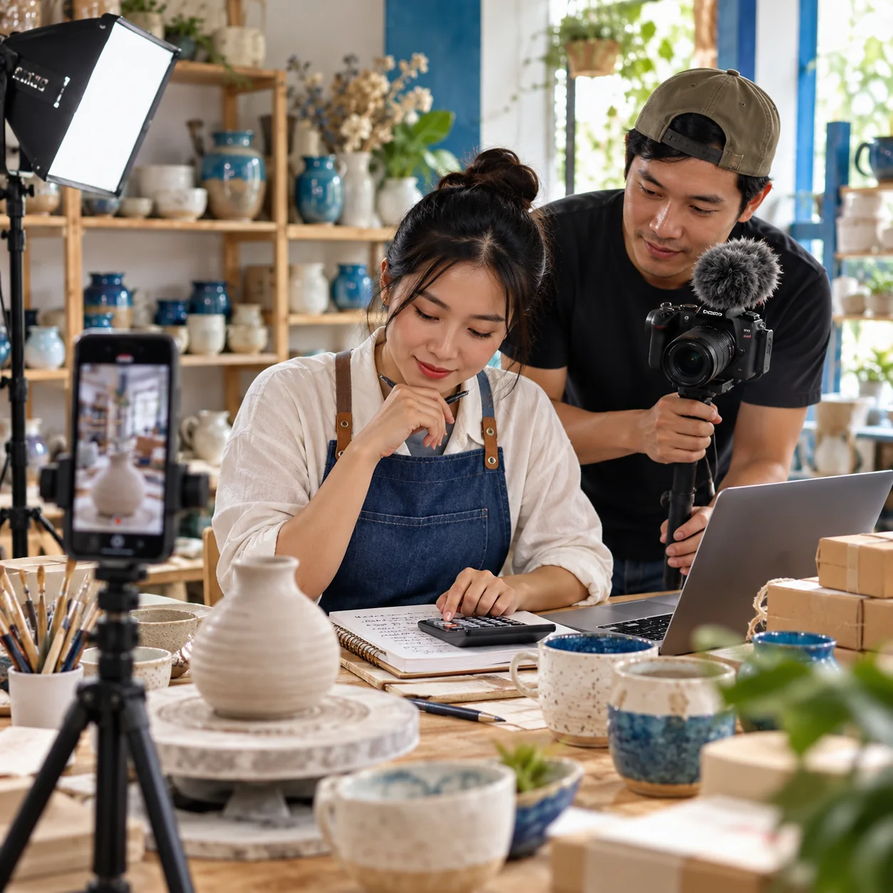 Chủ xưởng gốm tính chi phí quảng cáo và quay video cùng ê kíp