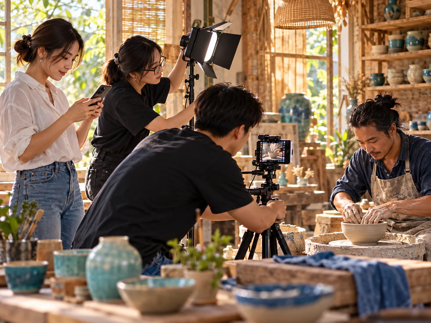 Ê kíp quay cảnh làm gốm để sản xuất video ngắn quảng cáo