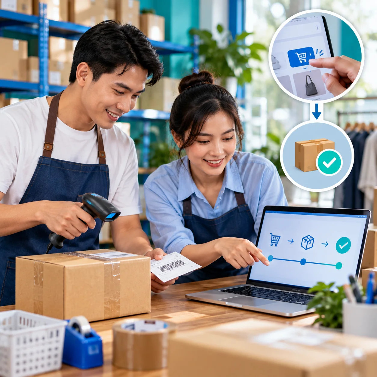 Nhân viên kho đối chiếu đơn hàng được xác nhận với kiện hàng đang đóng gói