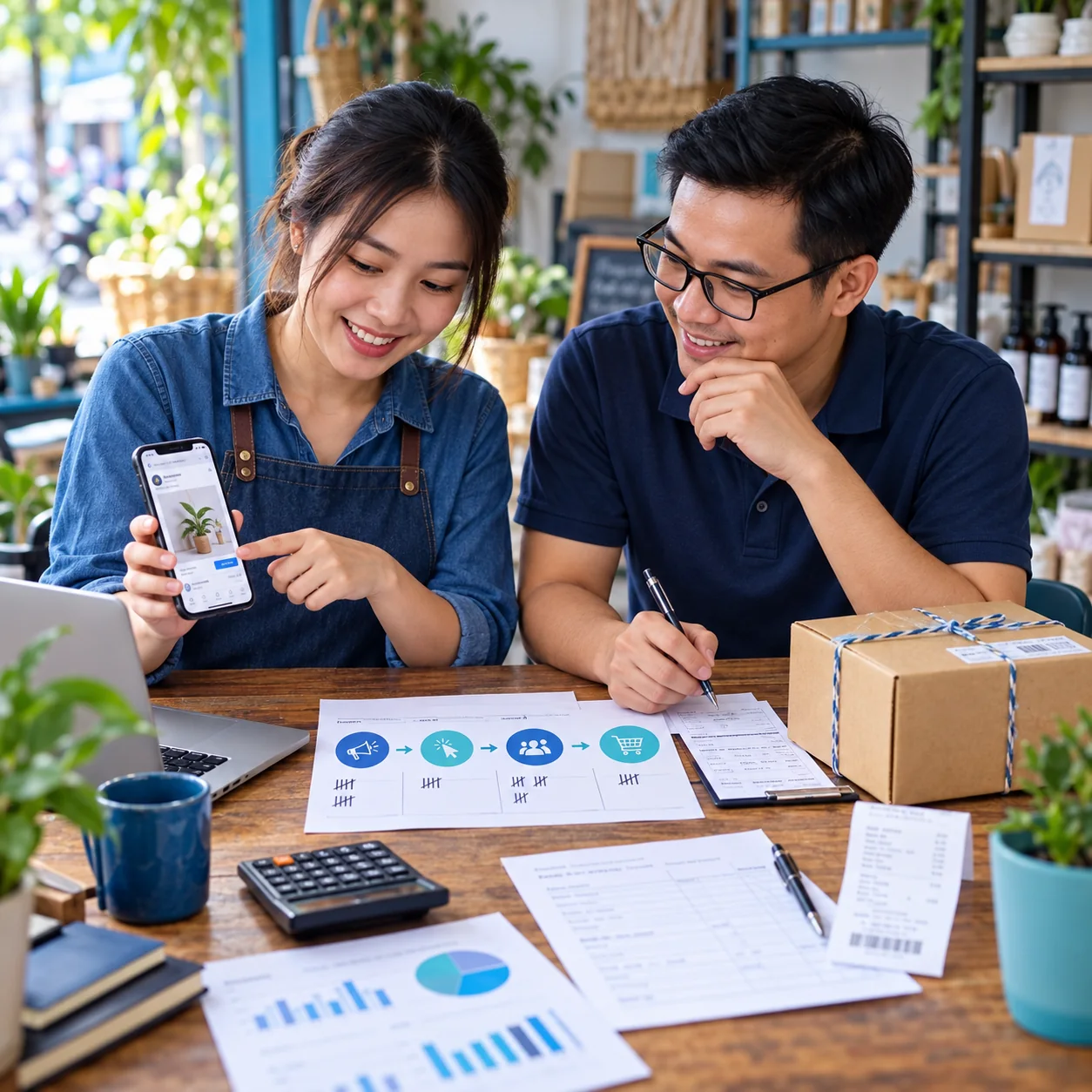 Chủ cửa hàng đối chiếu quảng cáo trên điện thoại, lượt quan tâm và đơn hàng thật