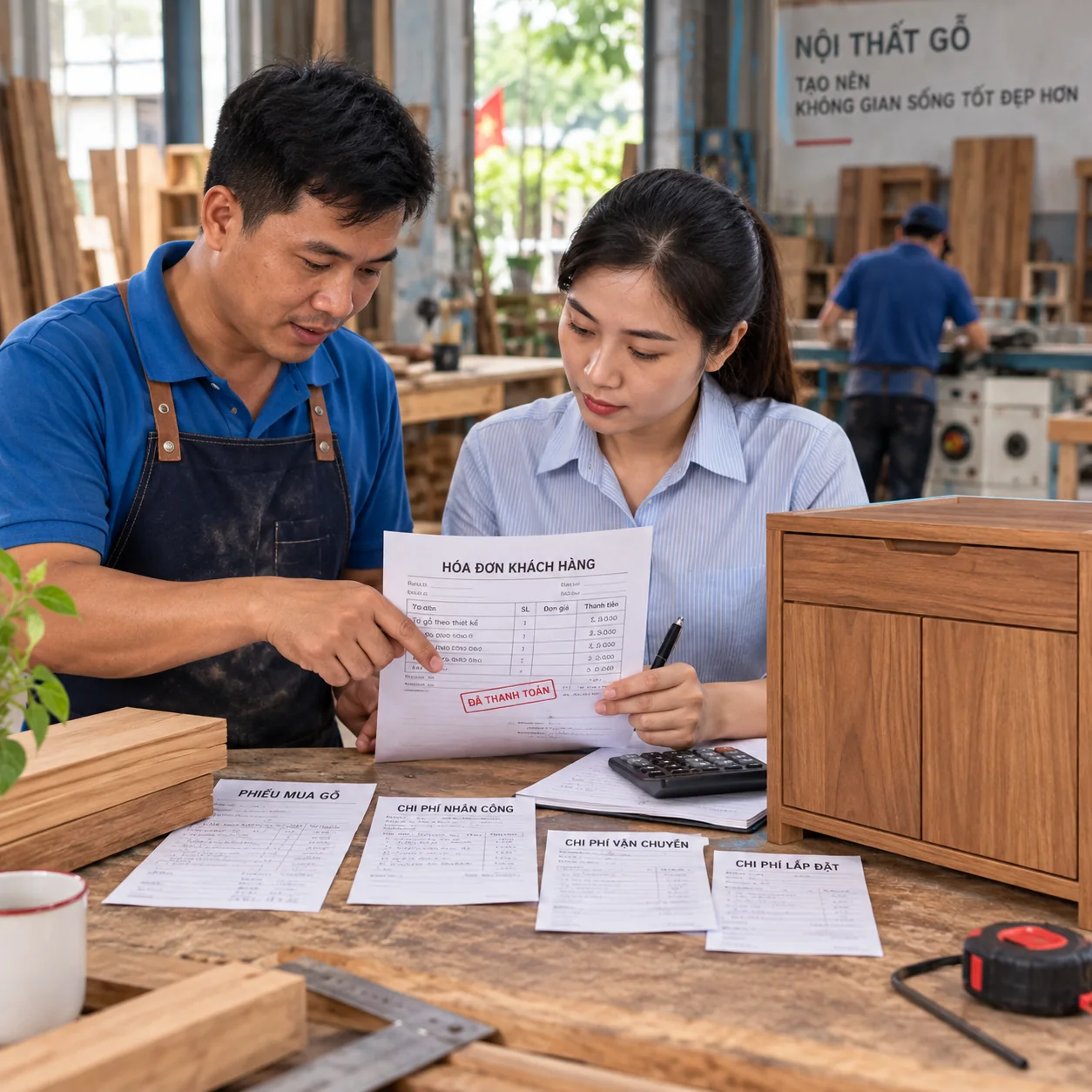 Chủ xưởng nội thất so hóa đơn khách với chi phí gỗ, nhân công, giao và lắp đặt