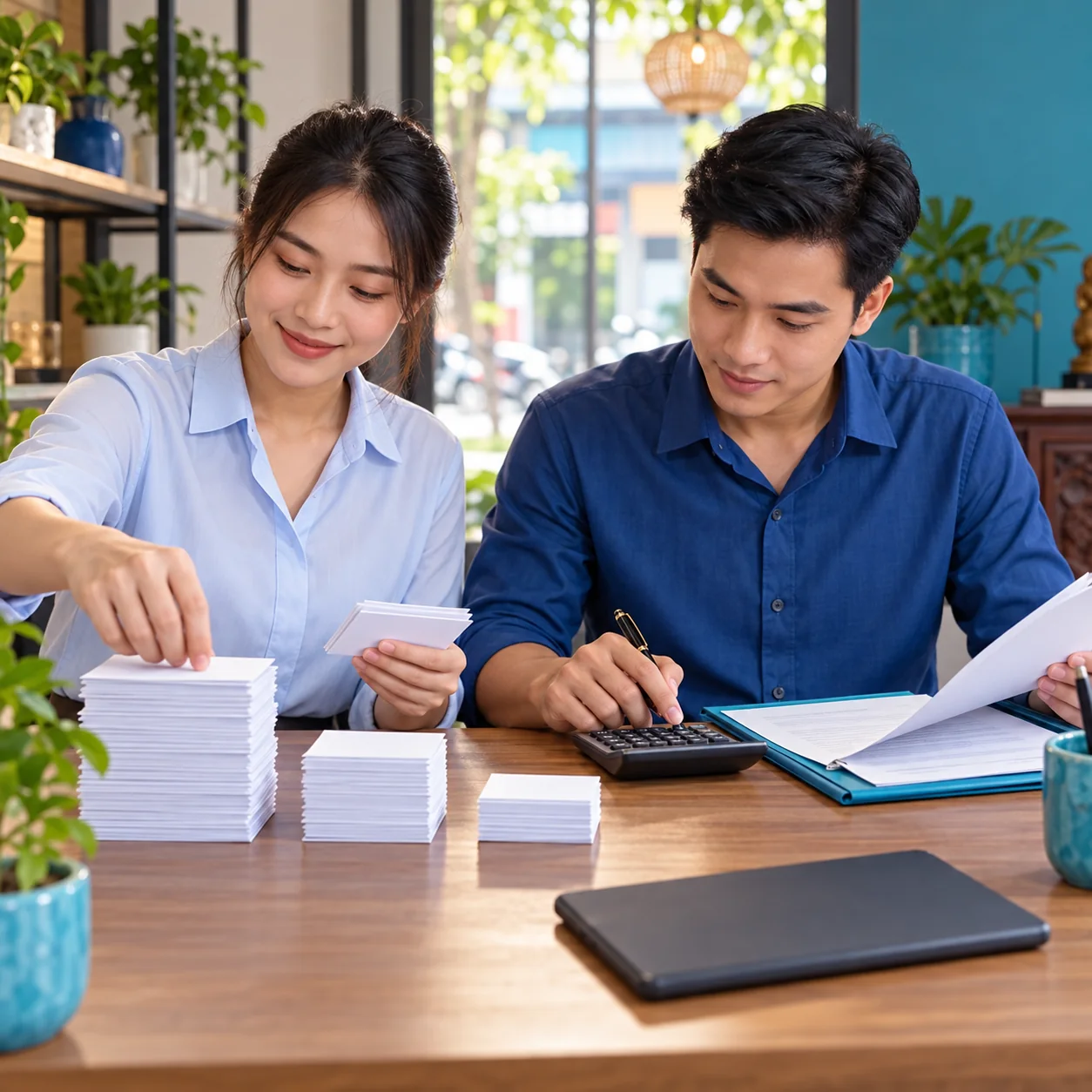 Nhân viên xếp các nhóm yêu cầu, khách đủ chuẩn và khách mua rồi dùng máy tính