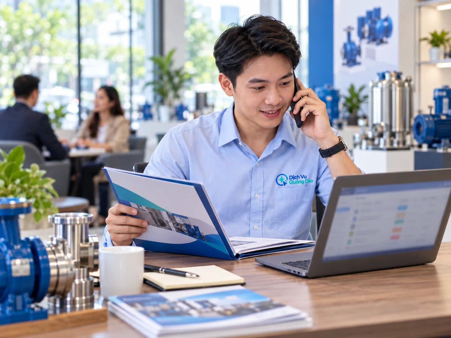 Nhân viên bán thiết bị gọi khách và cập nhật bước tiếp theo trong CRM