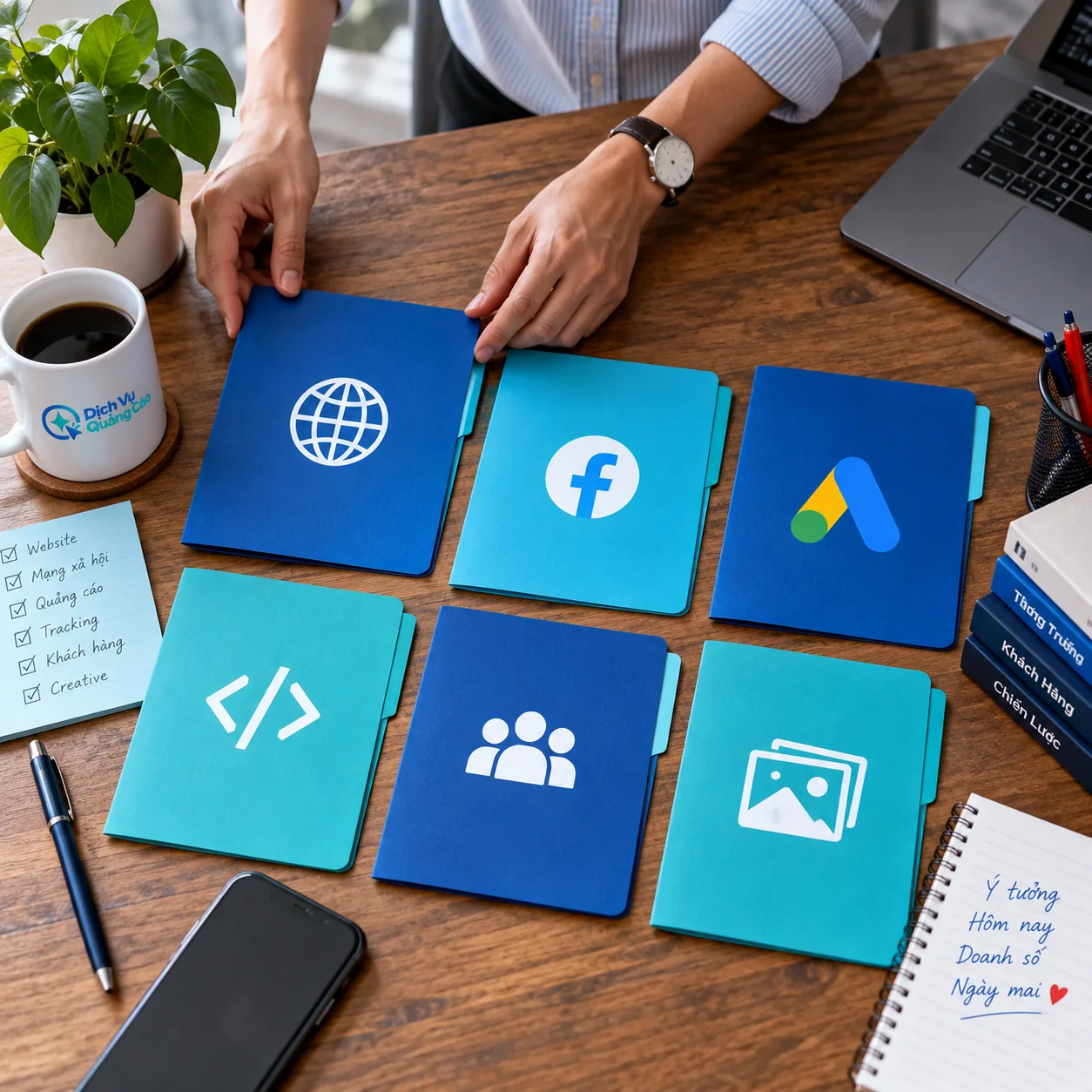 Các hồ sơ đại diện website, mạng xã hội, tài khoản quảng cáo, dữ liệu và nội dung được xếp để kiểm tra