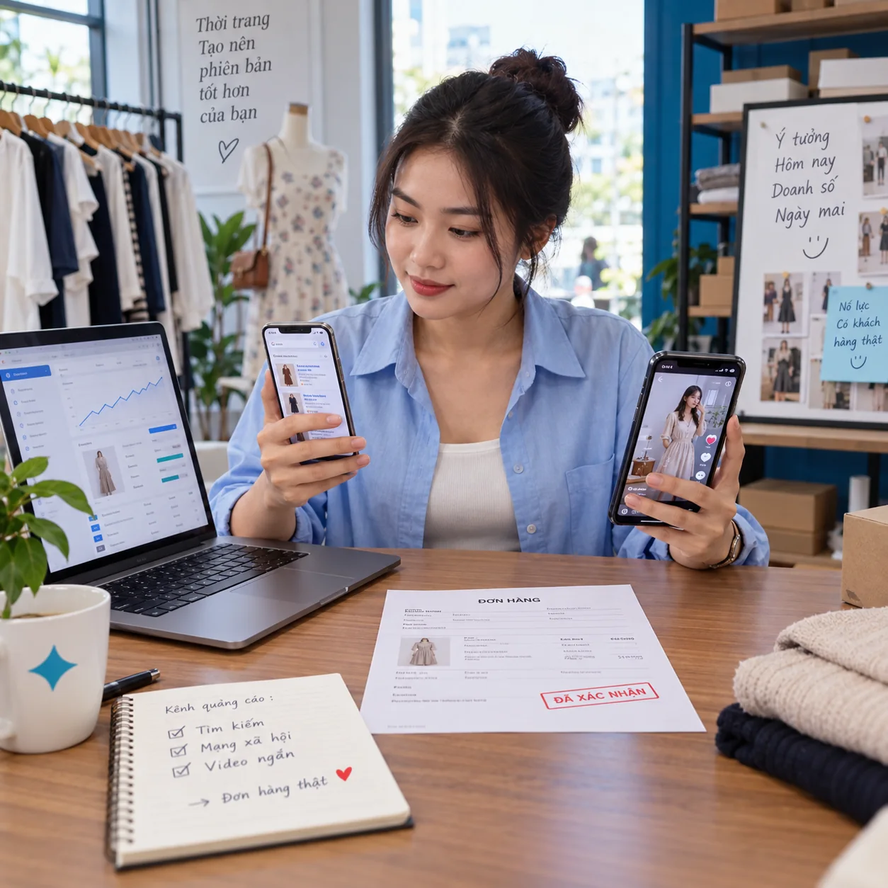 Chủ shop xem dữ liệu quảng cáo trên nhiều màn hình và một đơn hàng đã xác nhận