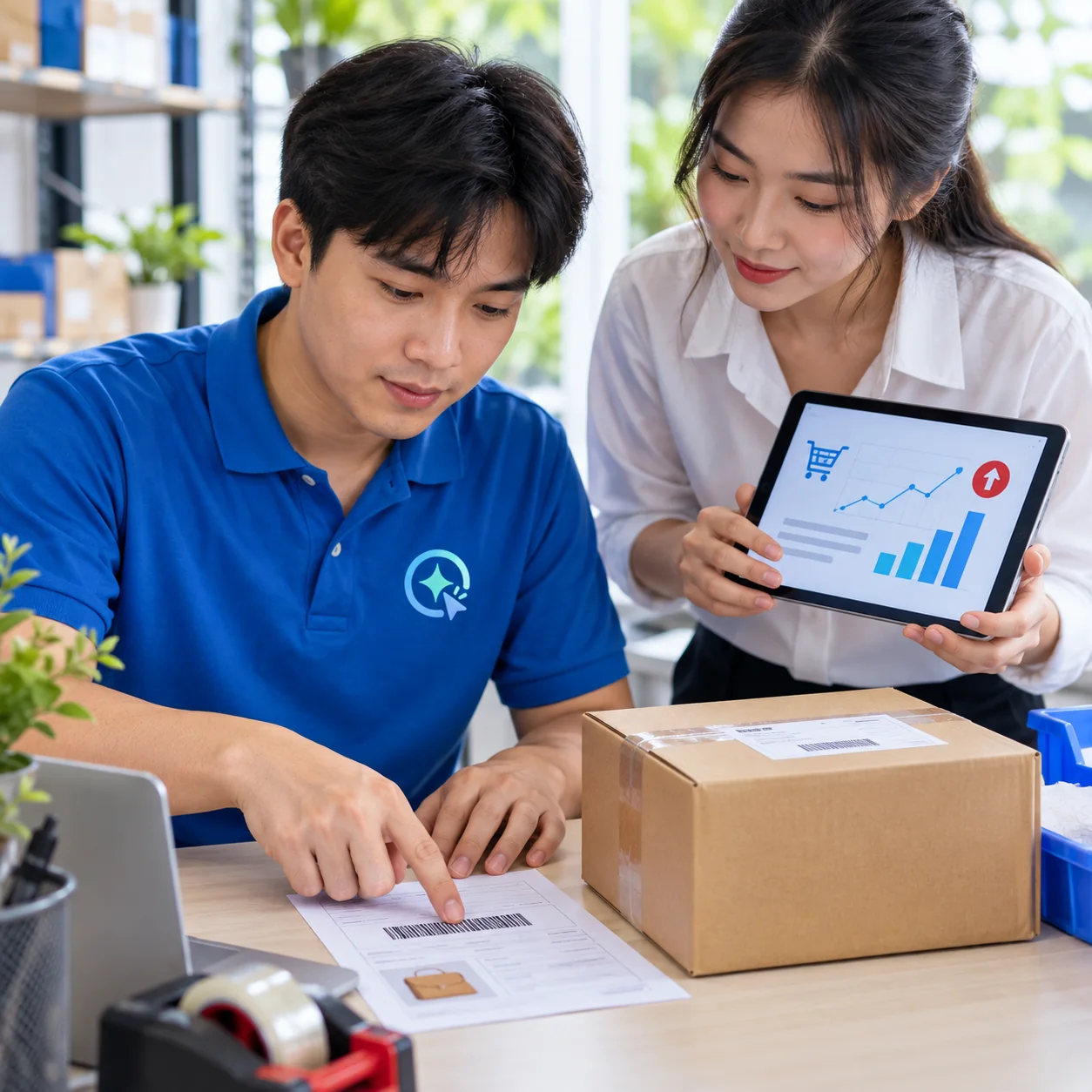Nhân viên kho kiểm mã đơn duy nhất trên phiếu giao hàng và kiện hàng