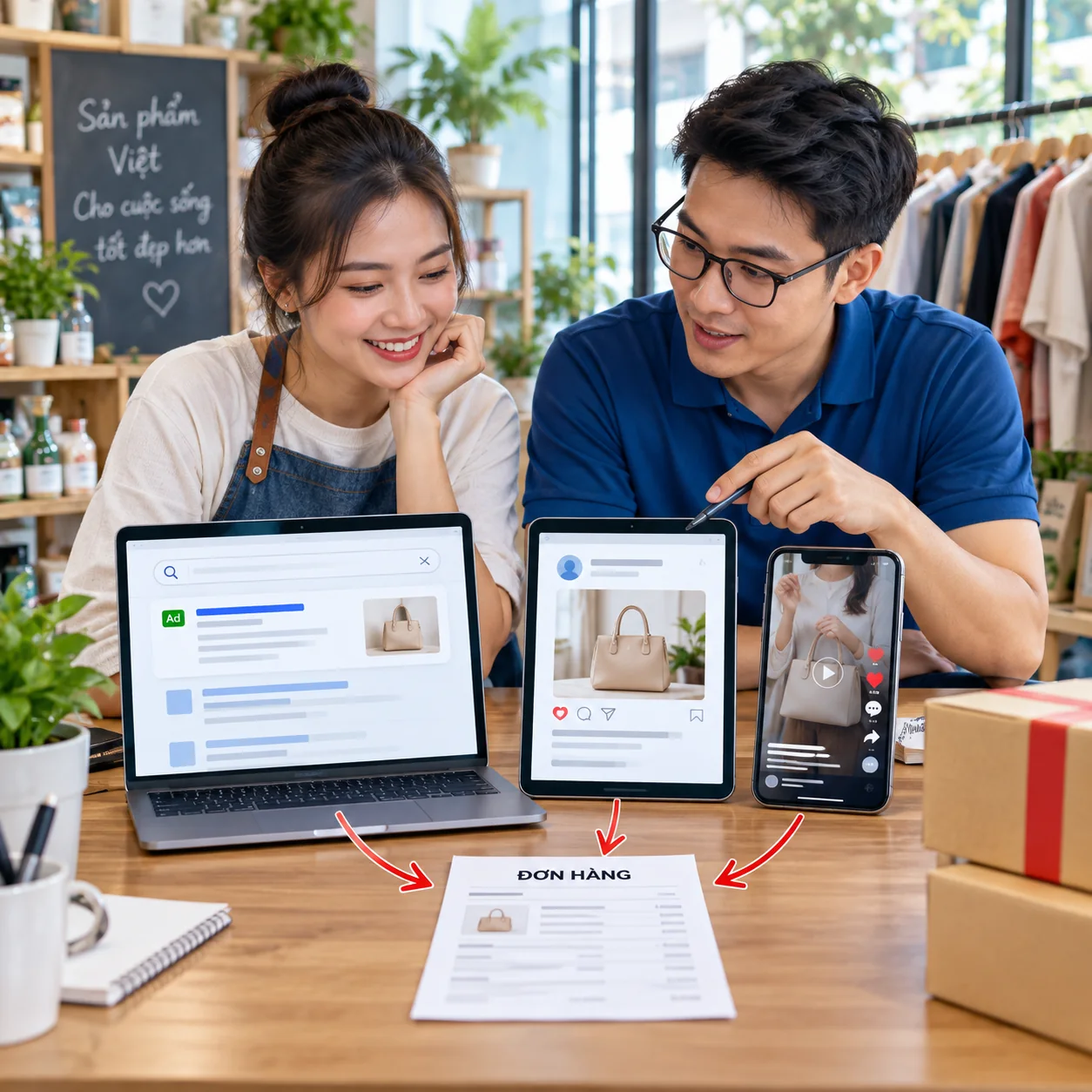 Các màn hình quảng cáo tìm kiếm, mạng xã hội và video ngắn cùng dẫn đến một đơn hàng