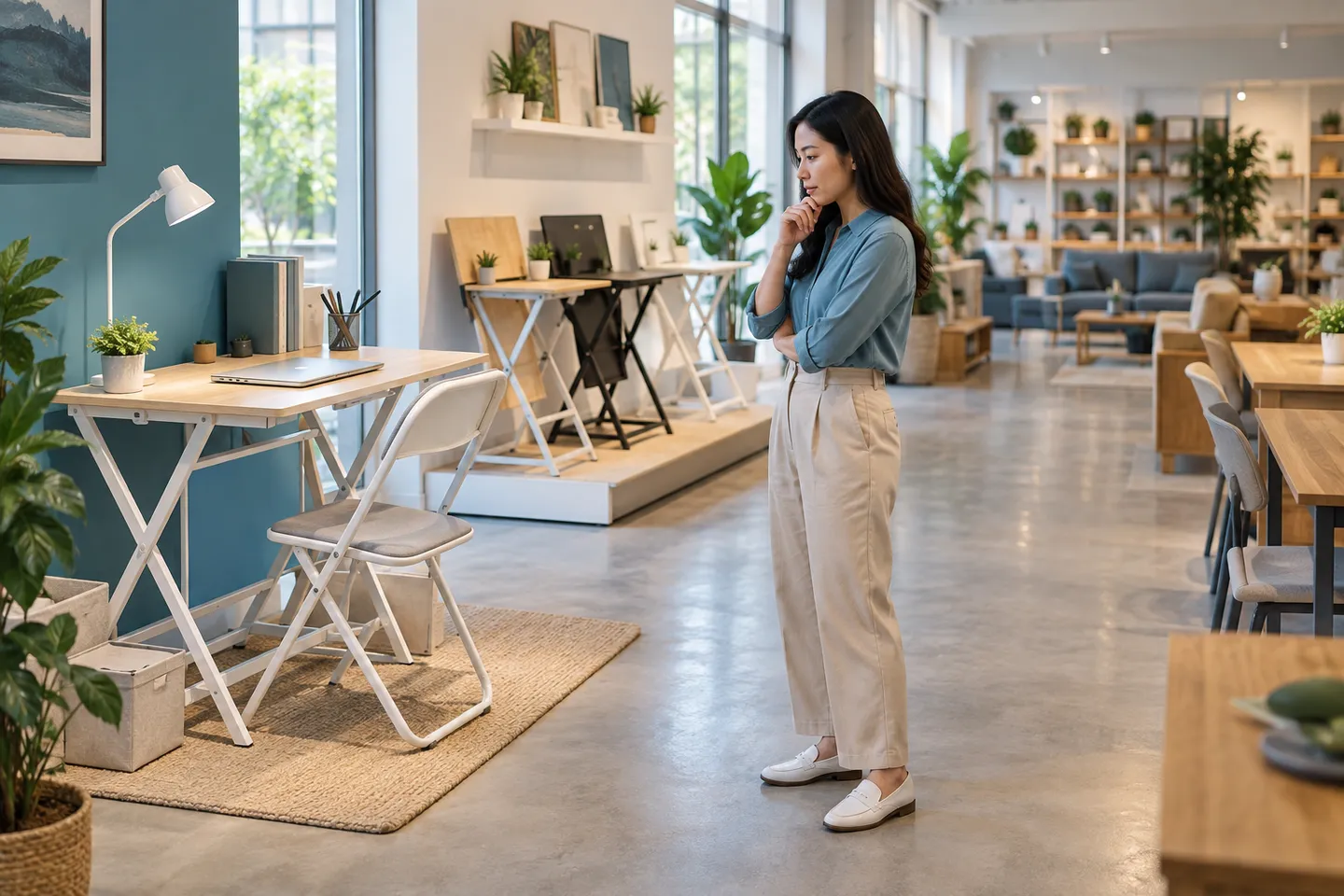 Người mua cân nhắc một mẫu bàn gấp, các biến thể và nhóm sản phẩm rộng hơn