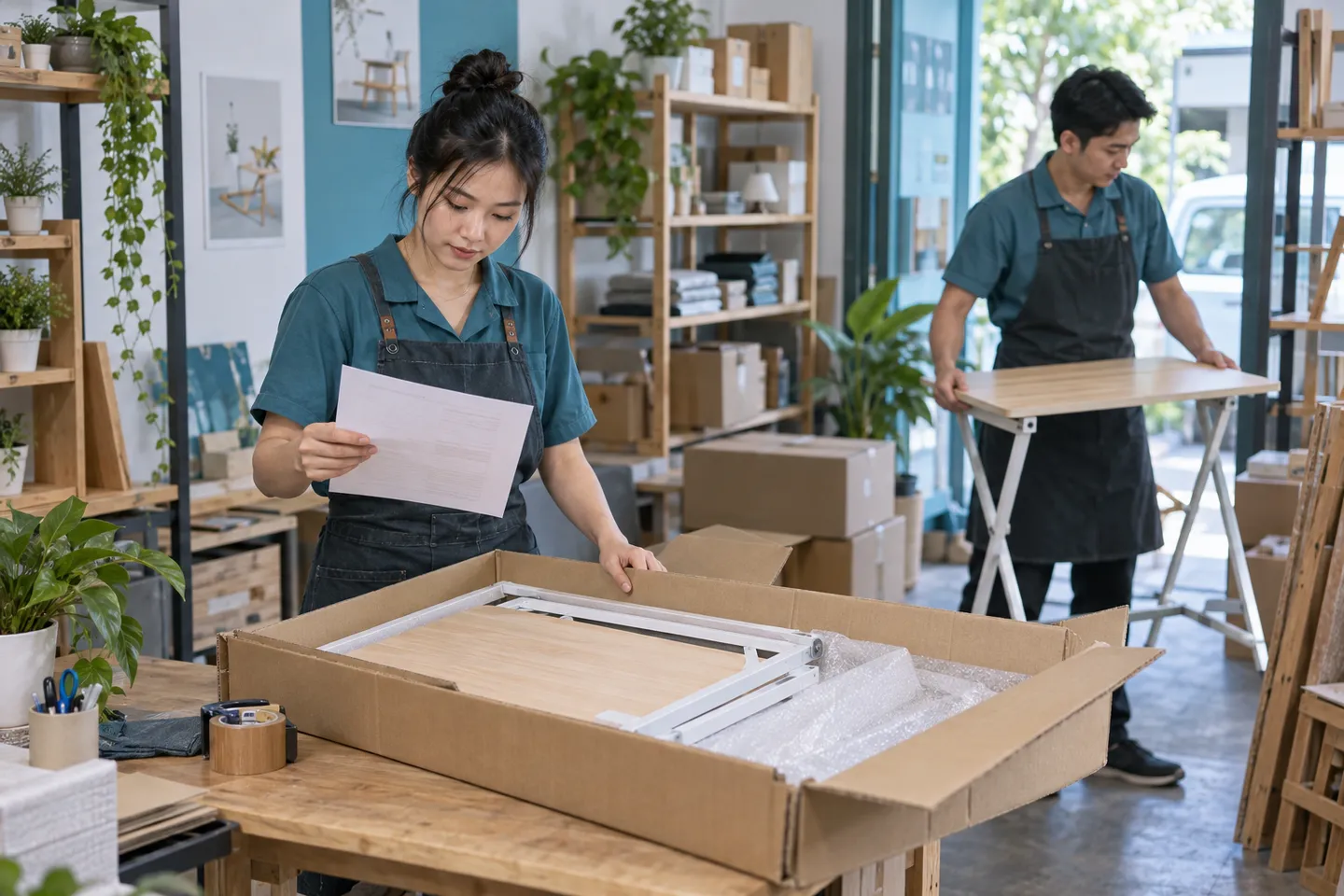 Nhân viên kiểm đơn bàn gấp và hàng thực tế trước khi đóng gói