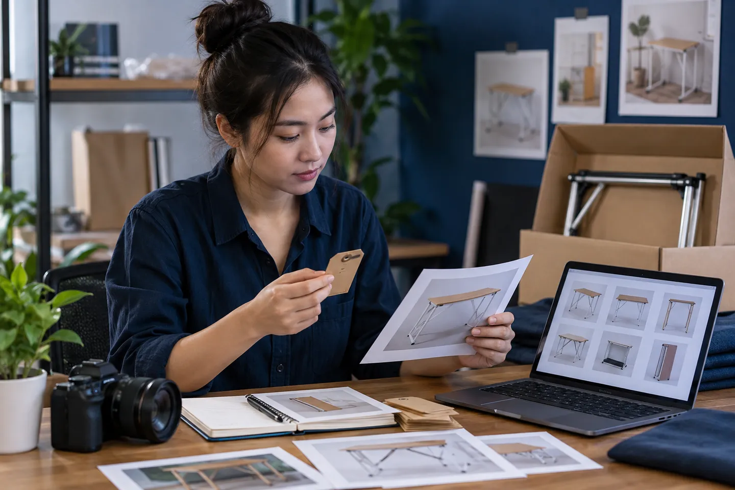 Nhân viên kiểm hình sản phẩm, thông tin mặt hàng và danh mục trên laptop