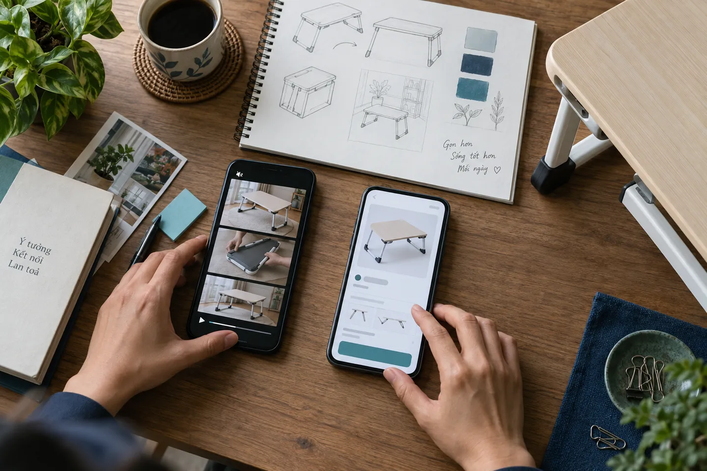 Đối chiếu storyboard video bàn gấp với trang sản phẩm trên điện thoại