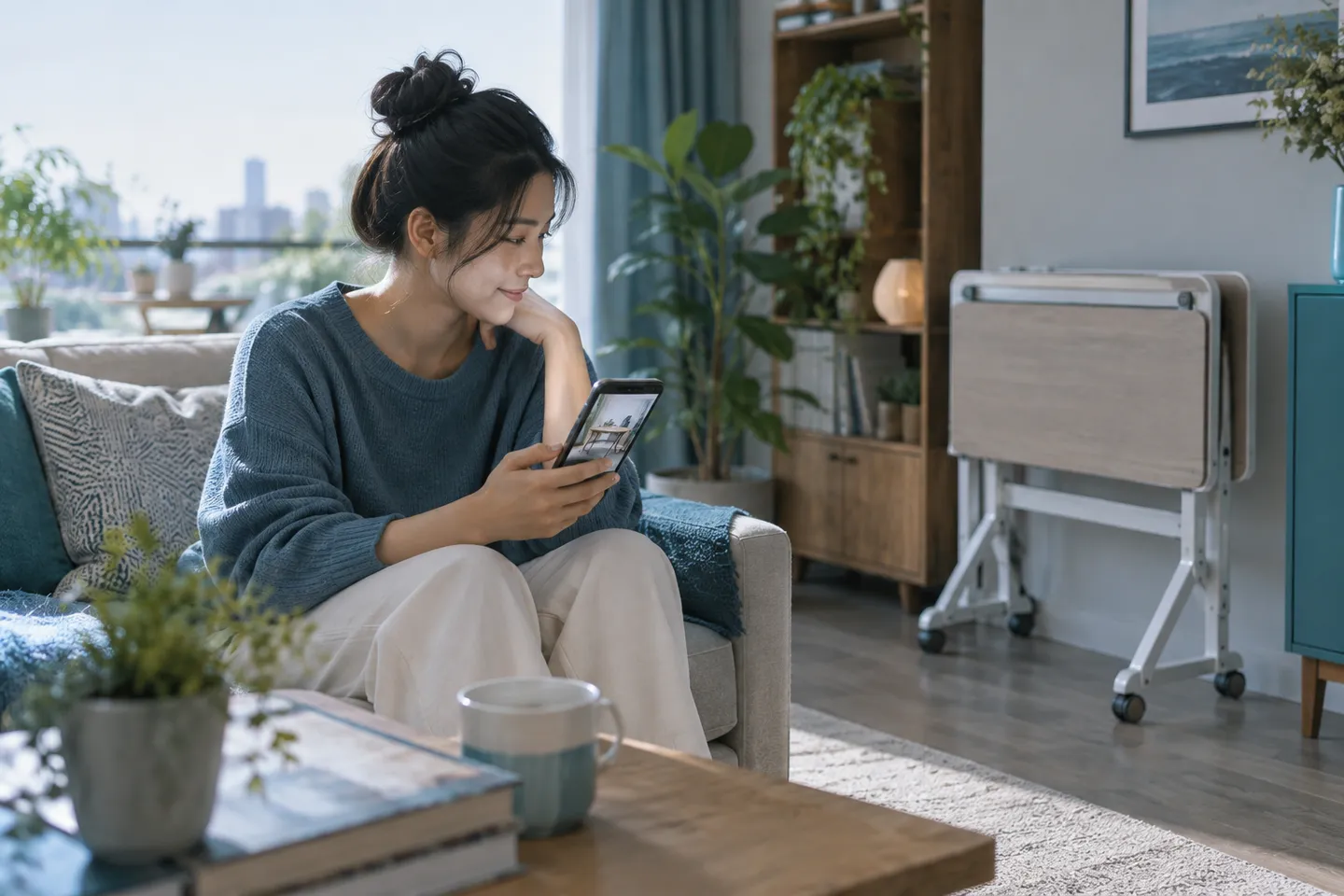 Người xem khám phá video bàn gấp trong phòng khách trước khi quyết định mua