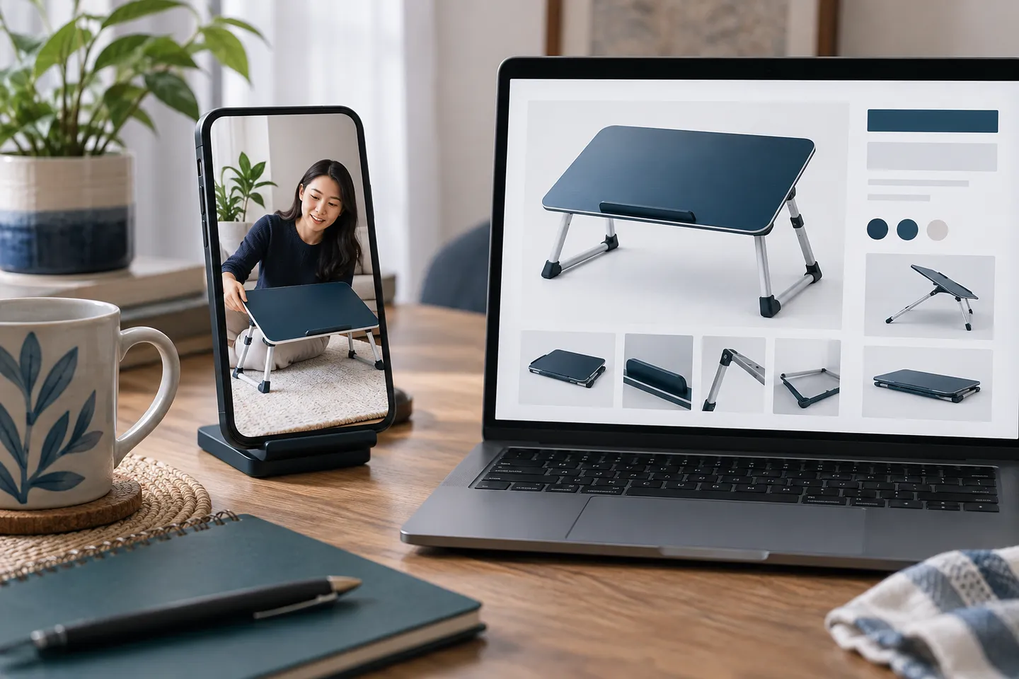 Cùng mẫu bàn gấp xuất hiện trong video và trên trang sản phẩm