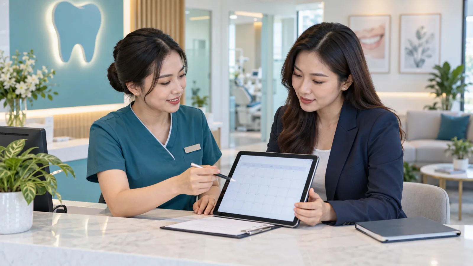 Nhân viên phòng khám và đội quảng cáo rà lịch tiếp nhận trên máy tính bảng, ảnh minh họa