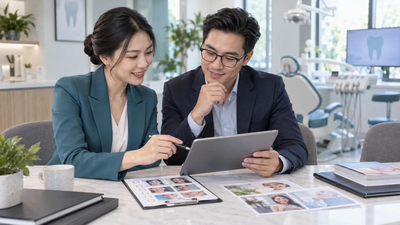 Quản lý phòng khám cùng đội quảng cáo duyệt tài sản hình ảnh trước khi xuất bản, ảnh minh họa