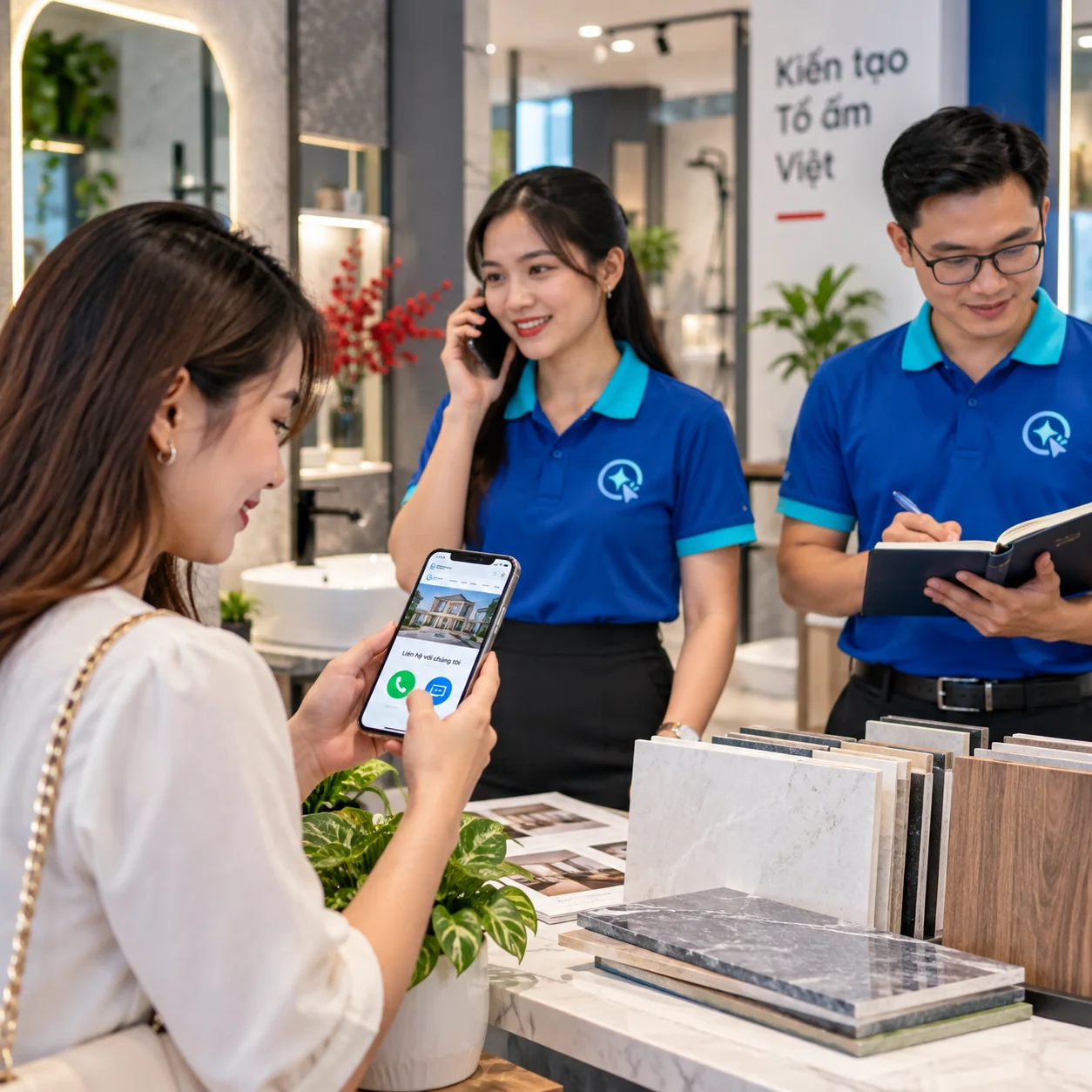 Khách xem nút gọi và nhắn tin trên website trong khi showroom tiếp nhận cuộc gọi