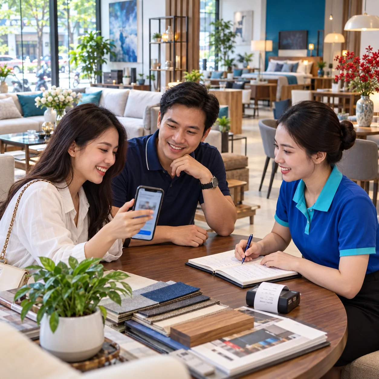 Khách đưa lịch hẹn trên điện thoại cho nhân viên showroom nội thất