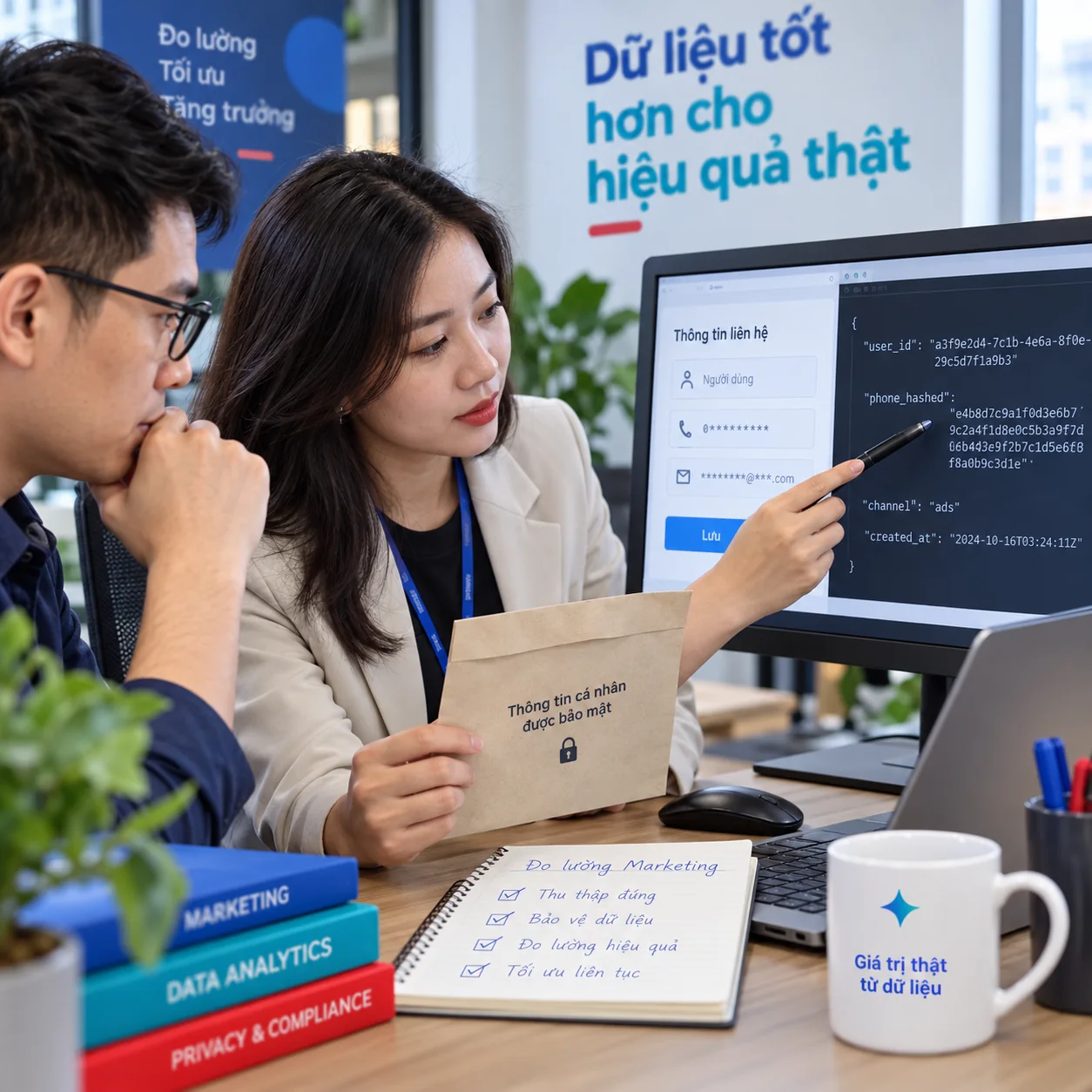 Chuyên viên xem thông tin liên hệ được che và mã băm vẫn gắn với hồ sơ