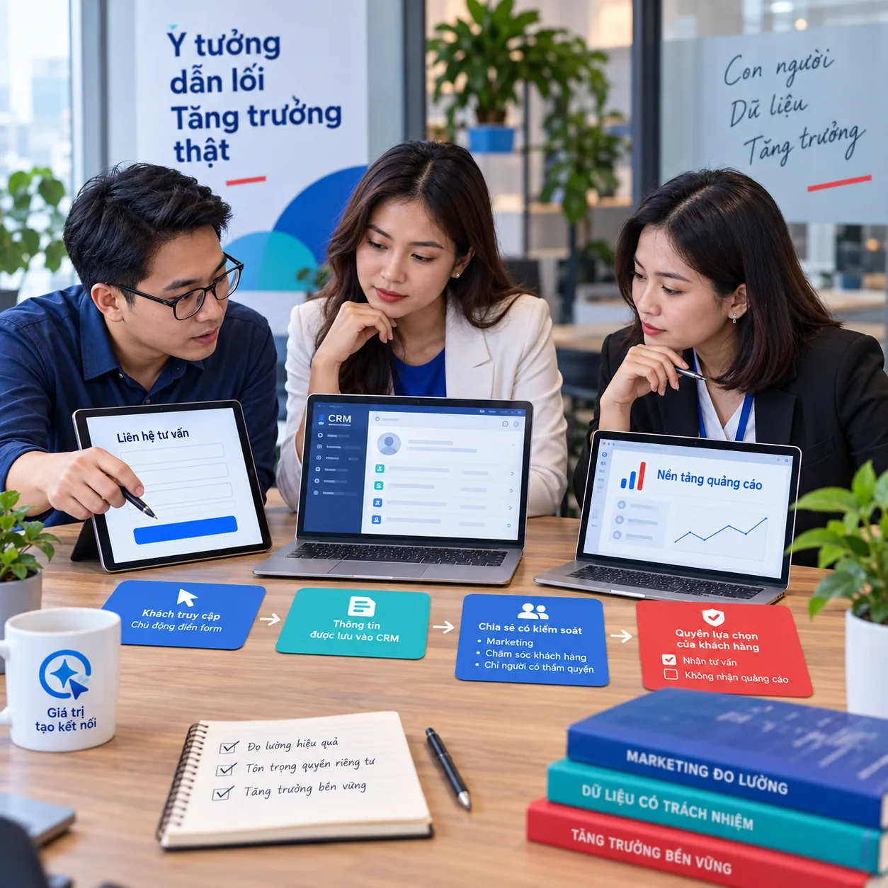Nhóm vận hành xem biểu mẫu website, CRM, nền tảng quảng cáo và lựa chọn của khách