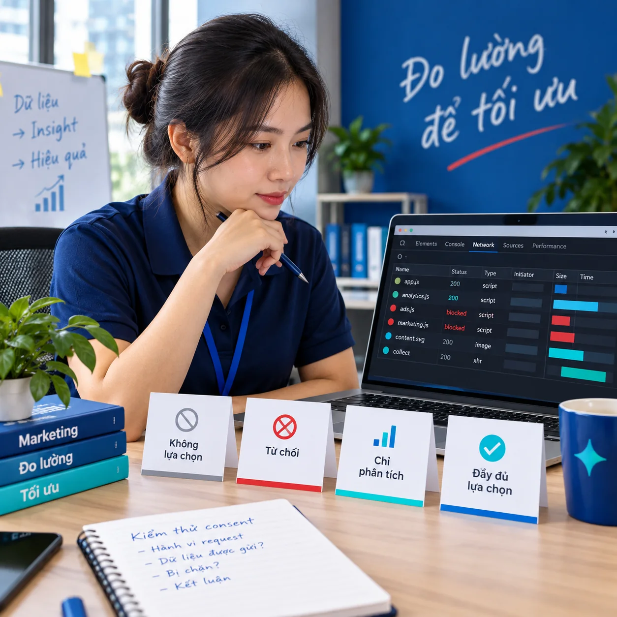 Chuyên viên kiểm tra yêu cầu mạng khi người dùng chưa chọn, từ chối hoặc đồng ý từng mục đích