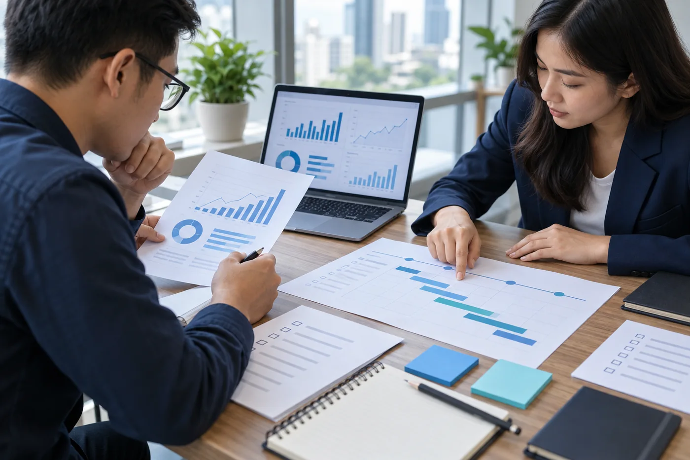 Minh họa hai người đối chiếu kế hoạch và báo cáo quảng cáo