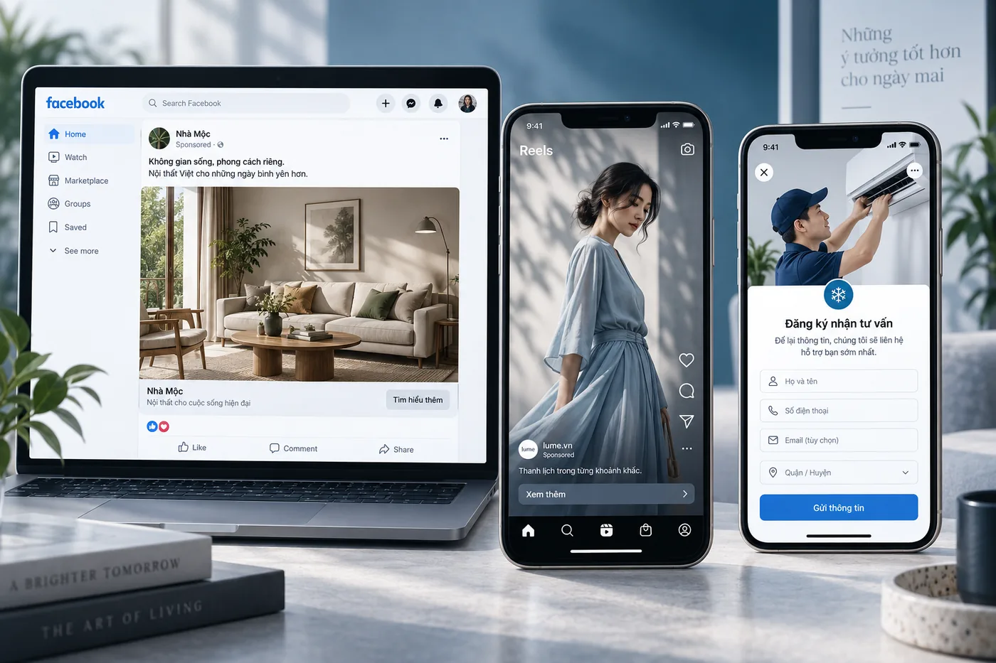 Mô phỏng quảng cáo Facebook dạng bảng tin, Reels và biểu mẫu nhận tư vấn